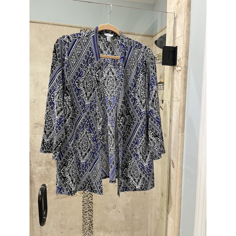 Chico's Travelers Blue White Crinkle Open Front Jacket Top Size 2 L XL